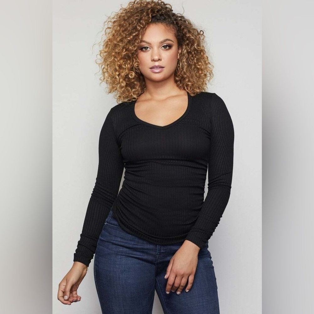 Good American Women's Shirred Ribbed Long Sleeve Deep V-Neckline Top